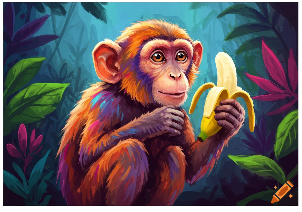 A colorful, abstract illustration of a monkey in a lush jungle setting, peeling and eating a banana.