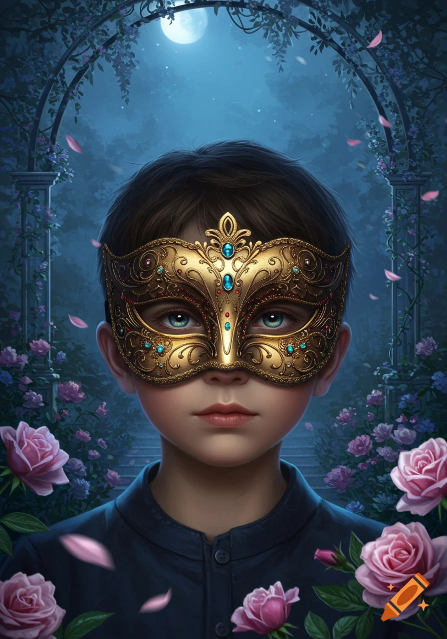 A portrait of a young boy wearing an elaborate gold and jewel-encrusted mask, set in a moonlit garden with pink roses and a vine-covered archway.
