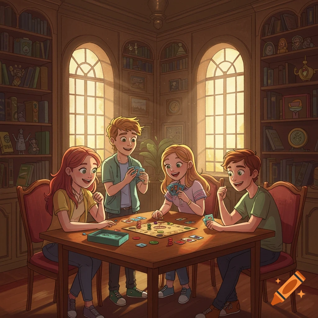 Four smiling cartoon teenagers play a board game at a wooden table in a sunlit library filled with bookshelves.