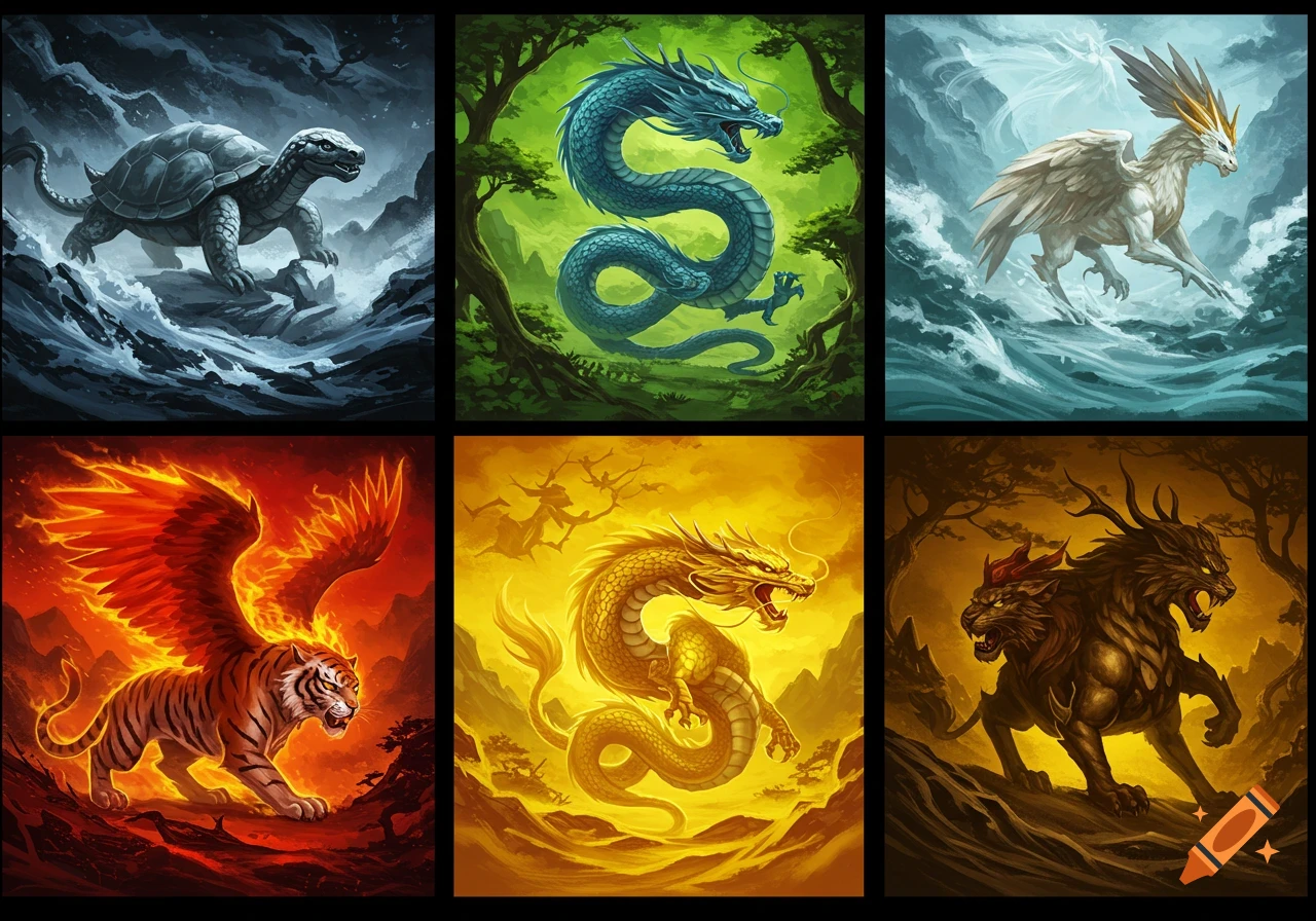 Six vibrant fantasy illustrations: a turtle in water, a blue dragon in a forest, a white griffin-like bird over waves, a fiery winged tiger, a golden dragon, and a two-headed beast in a dark forest.