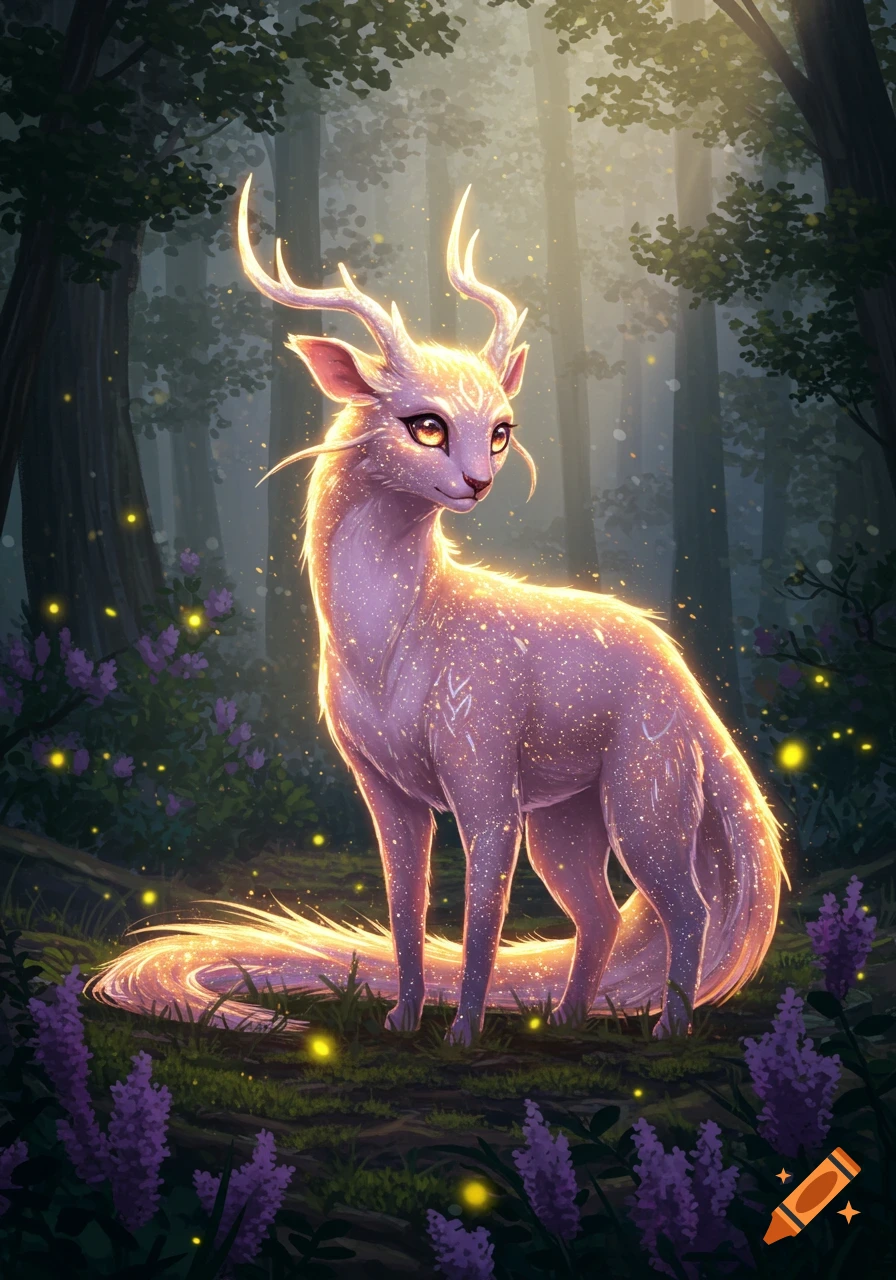 A glowing, light purple fantasy deer with antlers stands in a mystical forest with purple flowers and fireflies. Digital art.