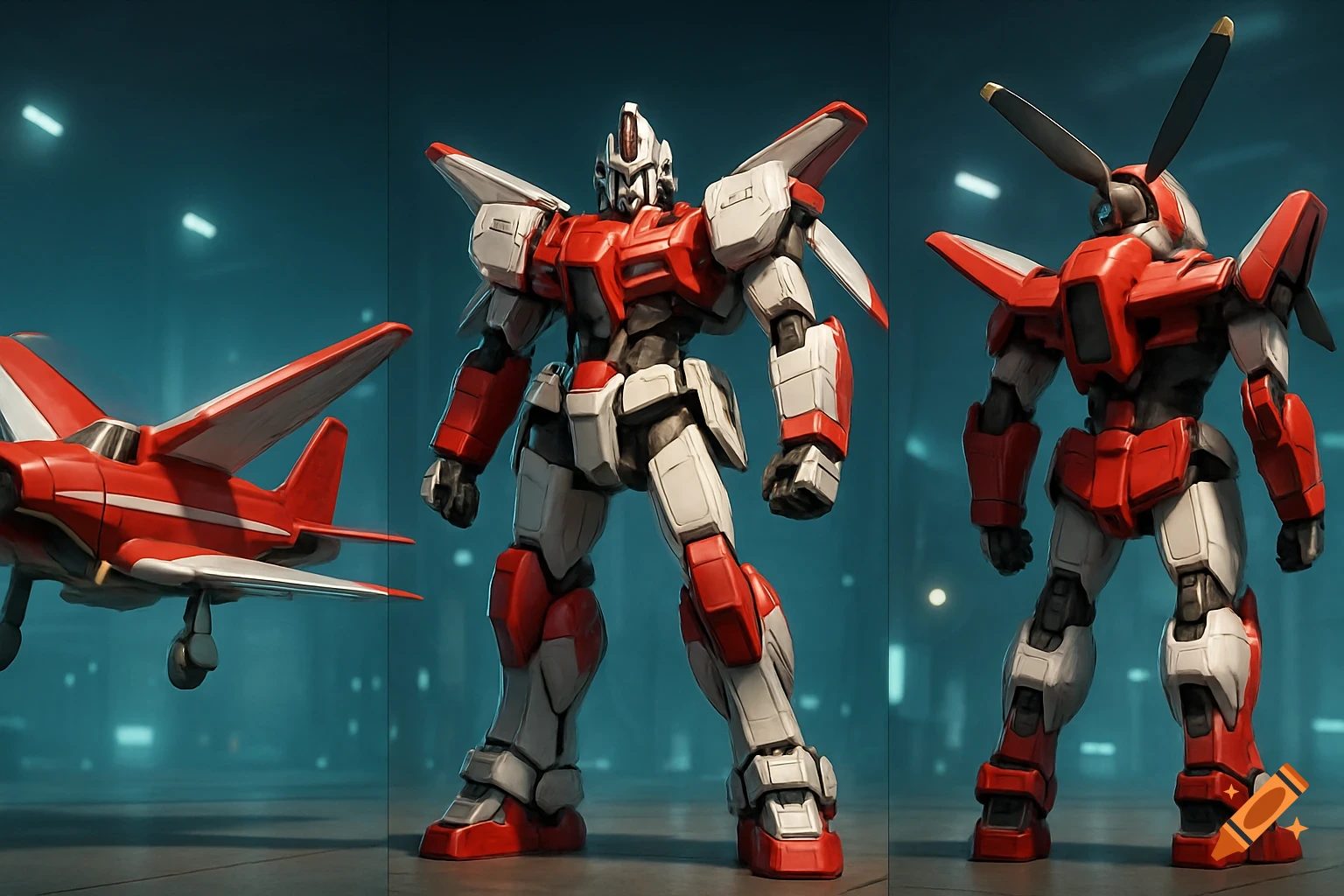 A three-view display of a red and white mecha robot with airplane wings and a propeller, standing next to a matching red and white airplane in a hangar.