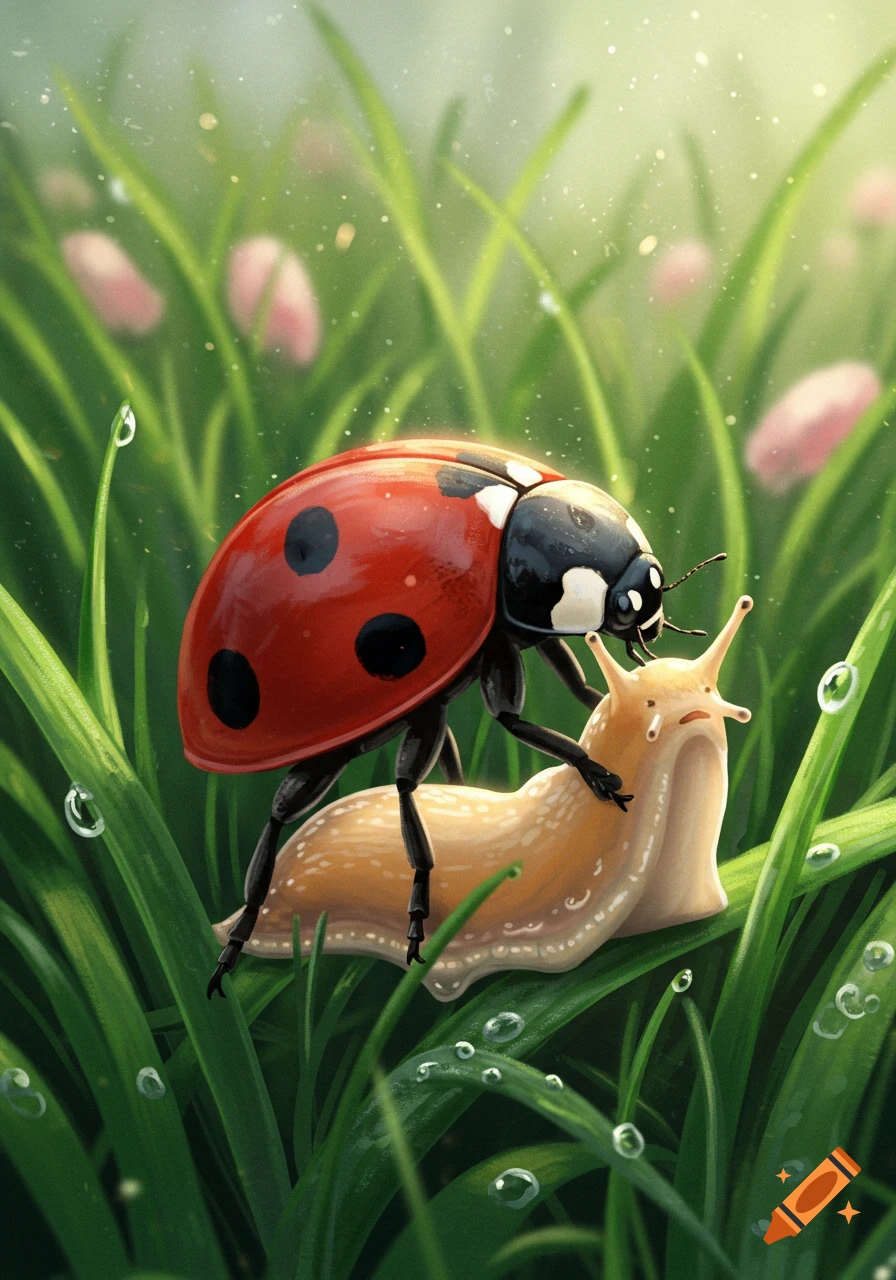 A vibrant red and black ladybug rests on a light brown slug in dewy green grass, with blurry pink flowers in the background, illustrative style.