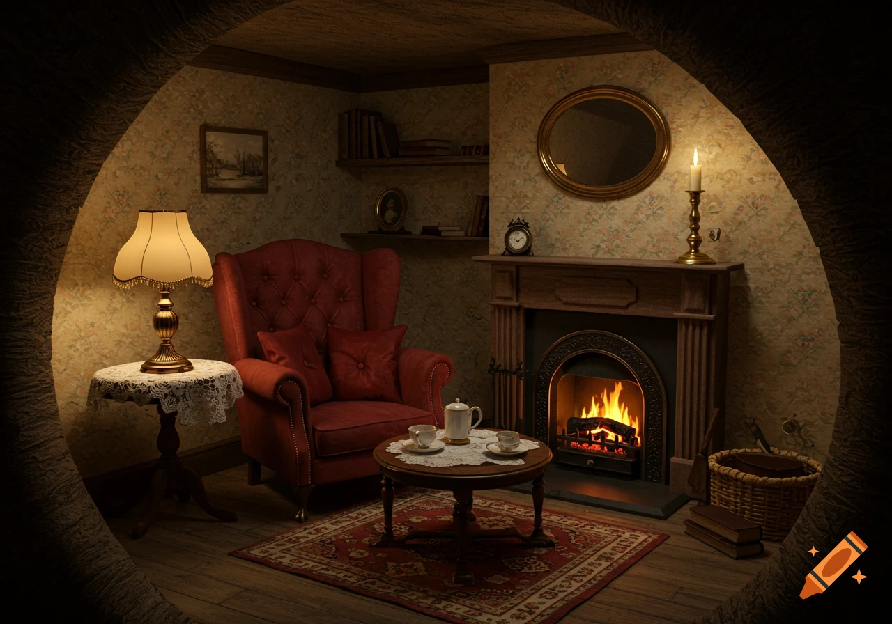 A warm, old-fashioned room inside a rabbit burrow with a red armchair, fireplace, lit lamp, and tea set.