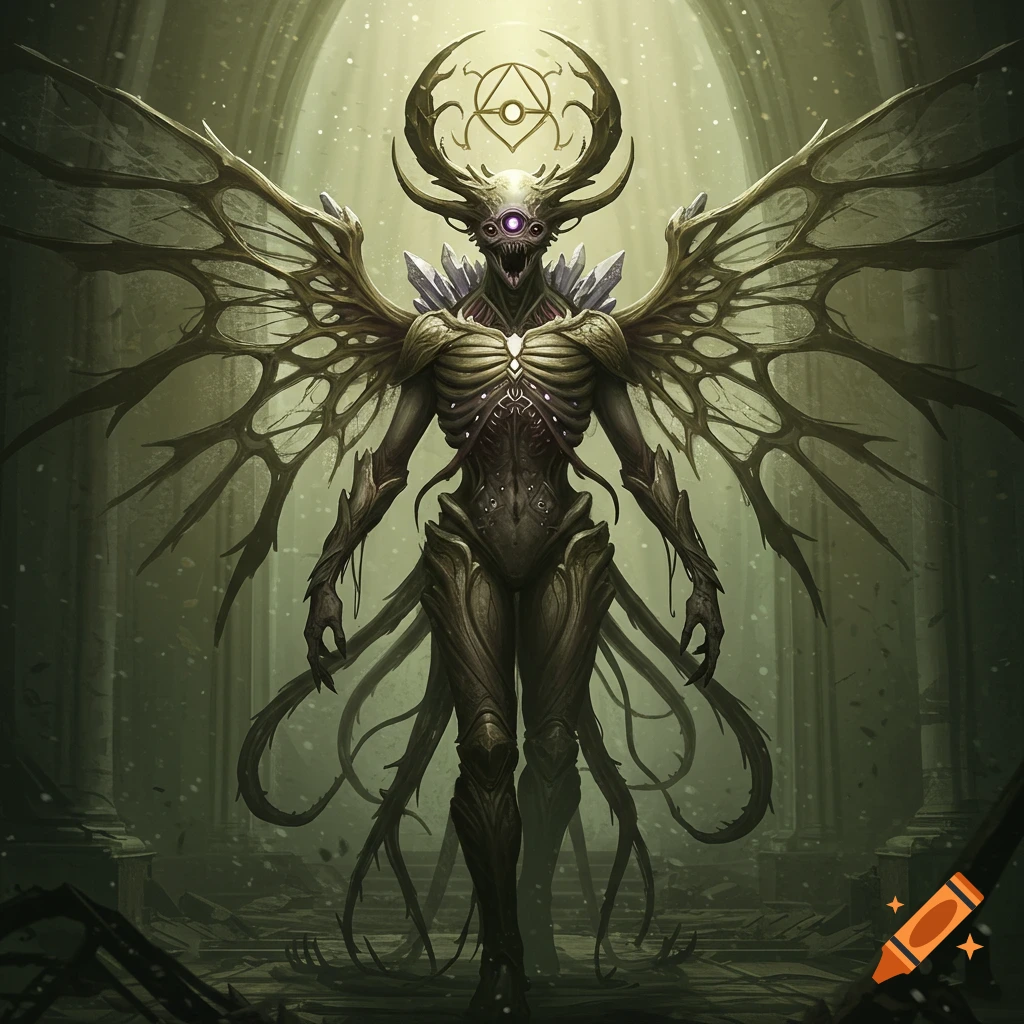 A hyper-realistic concept art of a horned, winged alien creature with crystalline structures and glowing eyes, standing in an abandoned Gothic church.