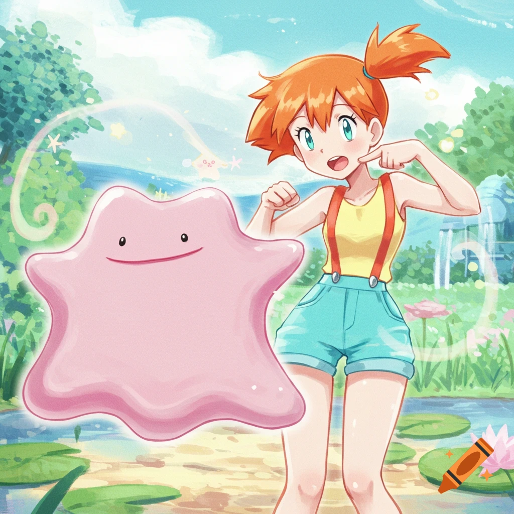 Misty from Pokemon in a yellow top and blue shorts, pointing at a pink Ditto in a green, watery landscape.