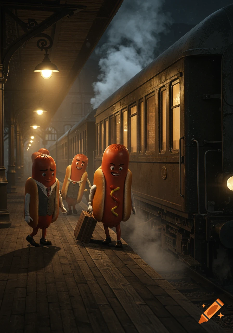 Photorealistic image of anthropomorphic hotdogs, one carrying a suitcase, walking along a dimly lit train station platform next to a large passenger train.