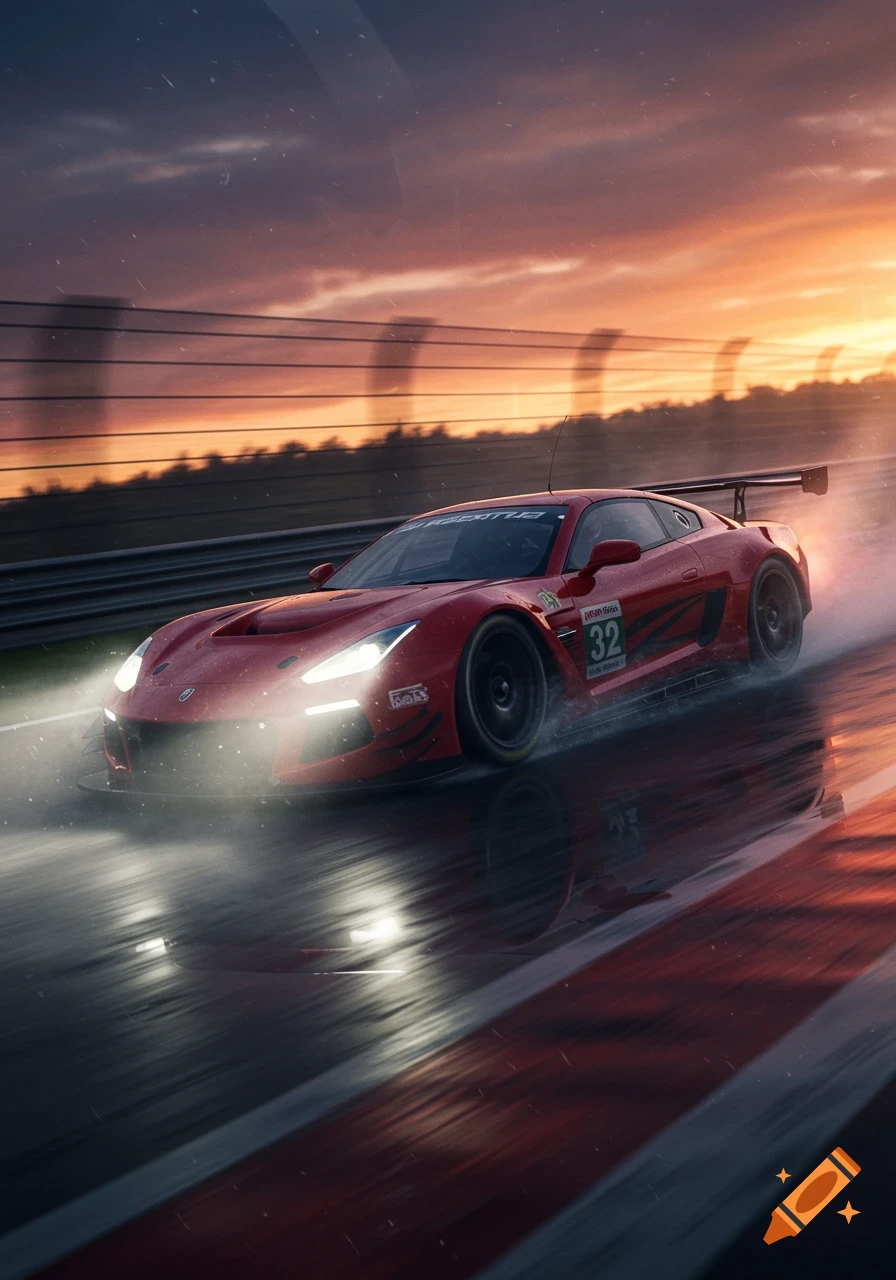 Red race car with headlights on, speeding on a wet track at sunset, with water spraying from its tires.