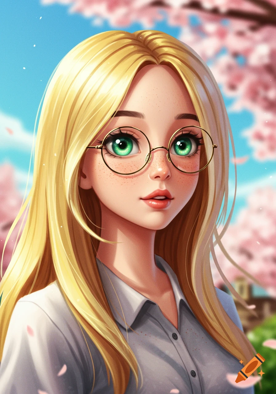 Anime portrait of a blonde girl with green eyes and round glasses, with cherry blossoms in the background.