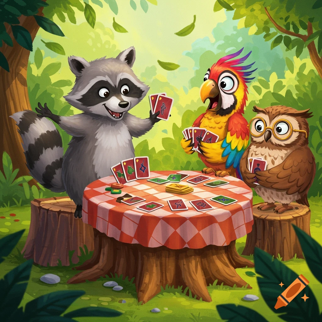 A cartoon raccoon, parrot, and owl play cards around a tree stump table with a red and white checkered tablecloth in a sunny forest.