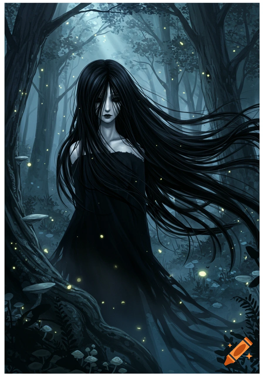Anime girl with long black hair covering her face, standing in a dark, misty forest in a gothic art style.