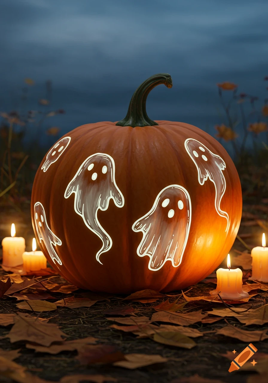 A photorealistic image of a pumpkin with glowing white ghost doodles, surrounded by lit candles and autumn leaves on the ground at night.