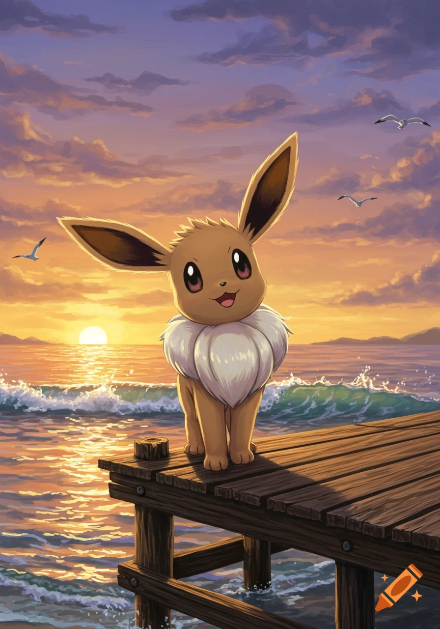 A cute Eevee stands on a wooden pier overlooking a vibrant sunset ocean with crashing waves and seagulls.
