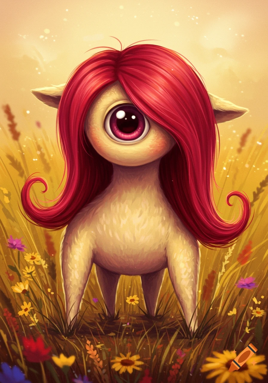 A cute, fluffy beige creature with one large pink eye and long red hair stands in a field of wildflowers under a sunny sky.