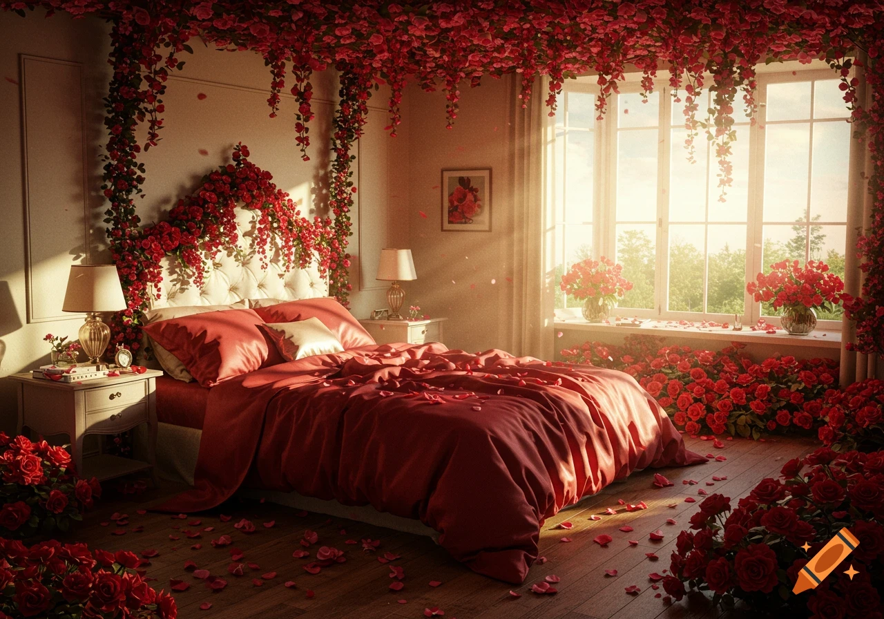 A romantic bedroom bathed in sunlight, overflowing with countless red roses and scattered petals on the bed, floor, and ceiling.