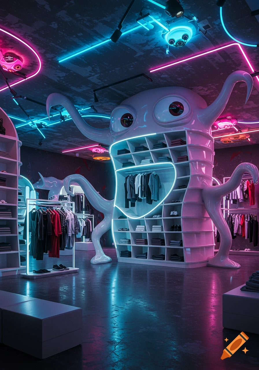 A futuristic clothing store illuminated by neon pink and blue lights, featuring a giant, white, monster-shaped shelving unit.