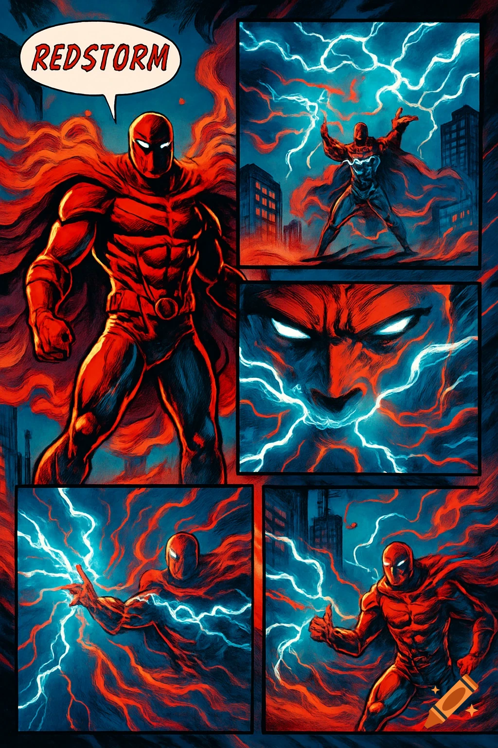 Redstorm, a red-clad superhero, shown across multiple comic panels, generating blue lightning in a city at night. Comic book art style.
