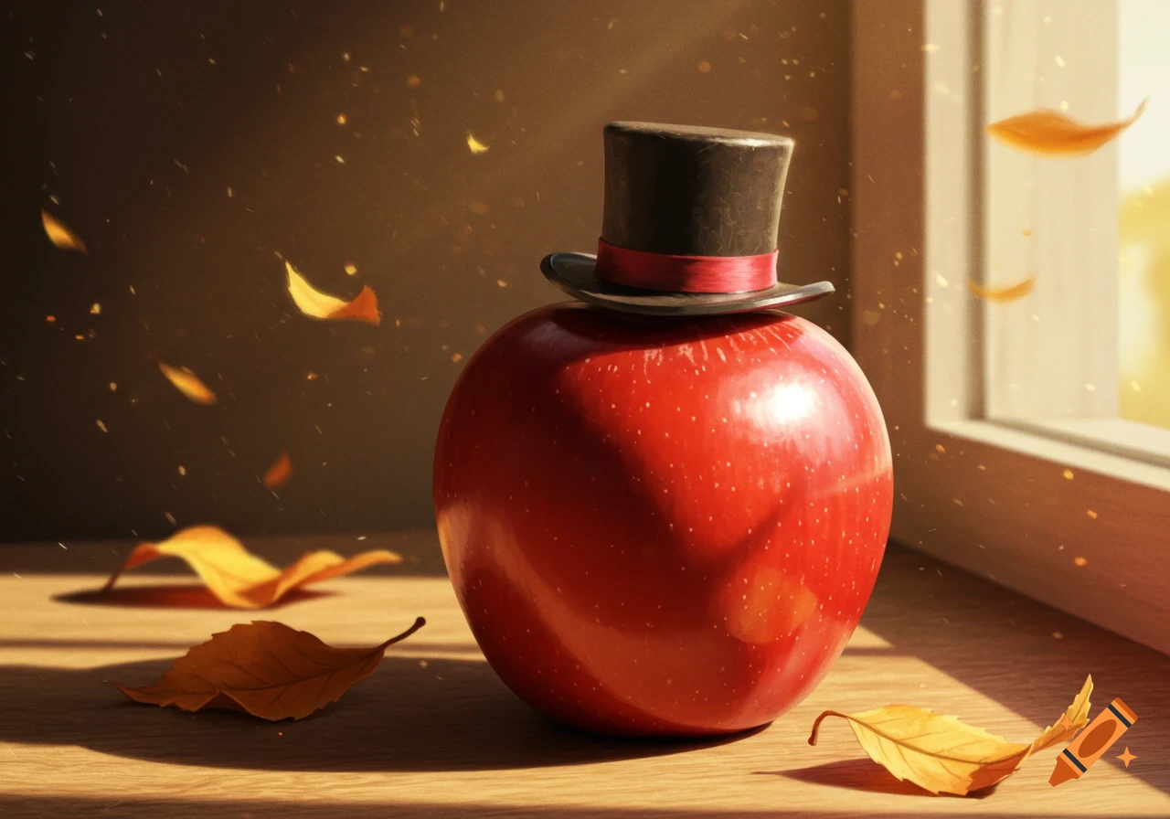 A photorealistic image of a red apple wearing a black top hat, sitting on a wooden surface with autumn leaves and golden particles in warm sunlight by a window.