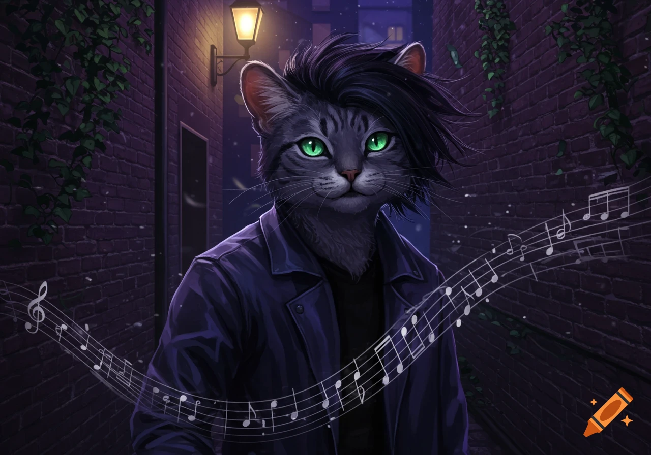 An anthropomorphic gray tabby cat in a dark leather jacket with bright green eyes stands in an alley, surrounded by glowing musical notes.