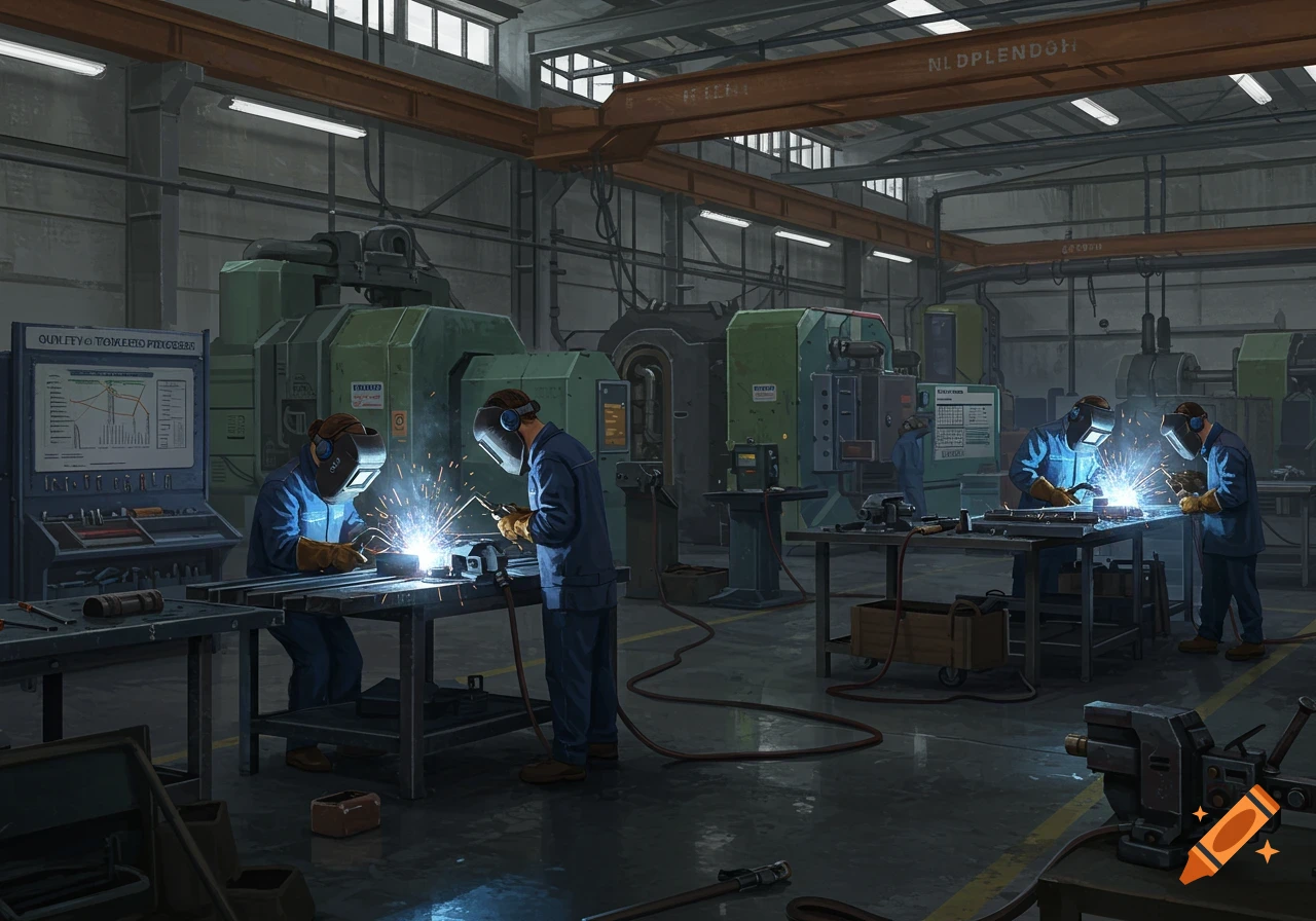 Four workers wearing welding masks and protective gear weld metal pieces in a large, busy factory with heavy machinery.