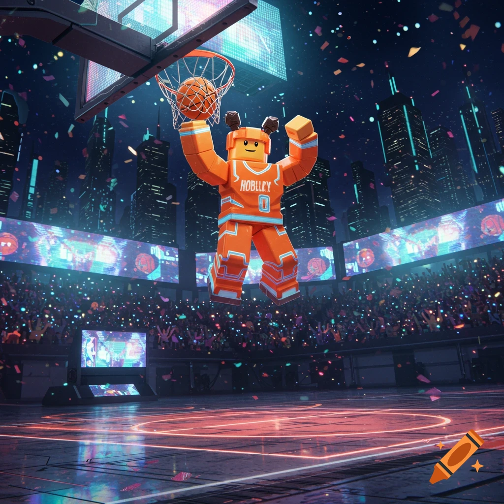 A blocky, orange-clad Robloxian character dunks a basketball in a futuristic arena with confetti falling.