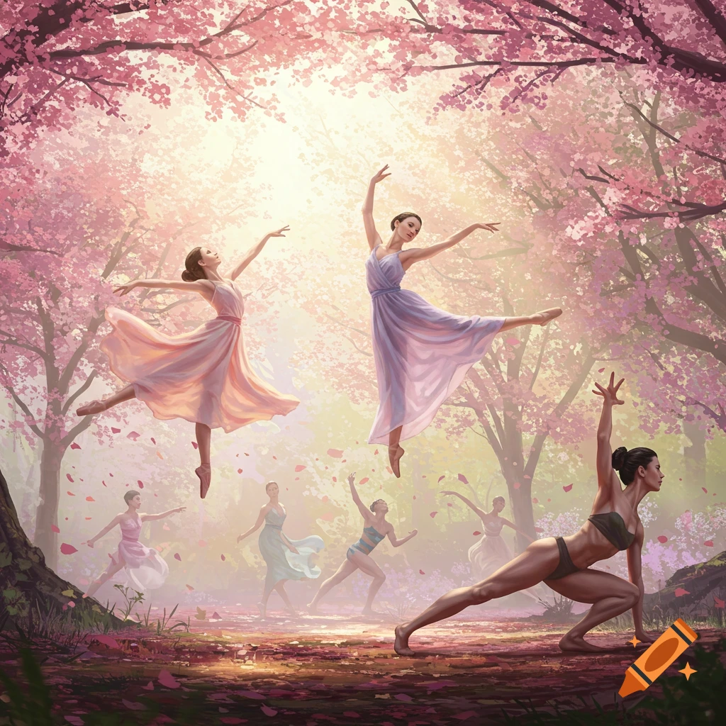 Several women dance and pose in a magical pink cherry blossom forest, bathed in warm sunlight.