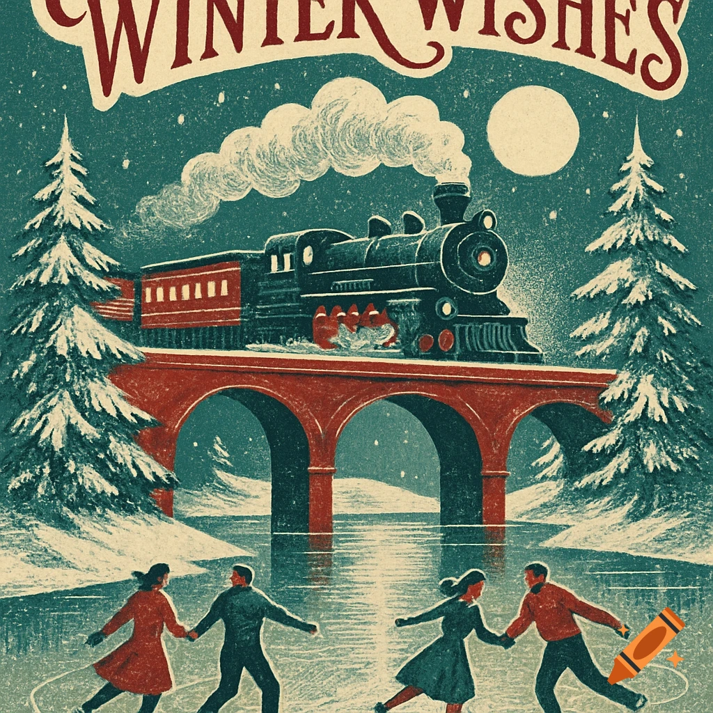 Vintage holiday card art of a steam train on a bridge over ice skaters, snowy pines, and moonlight. Text reads "WINTER WISHES".