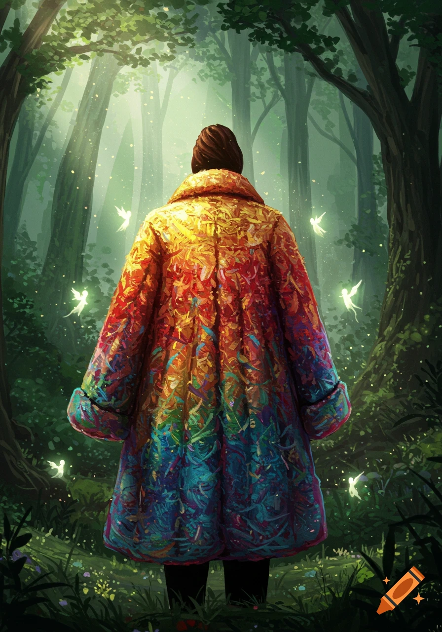 A person in a vibrant, colorful coat stands in a magical forest with glowing fairies, viewed from behind.