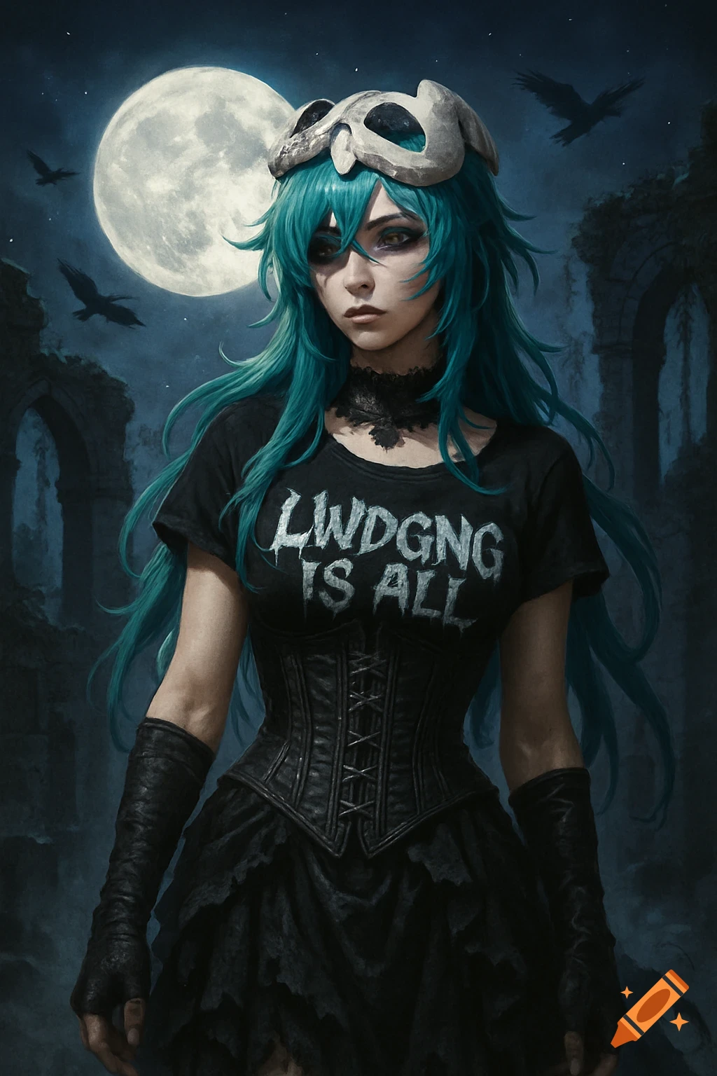 Gothic woman with teal hair and a skull mask stands under a full moon with ravens and ruins.