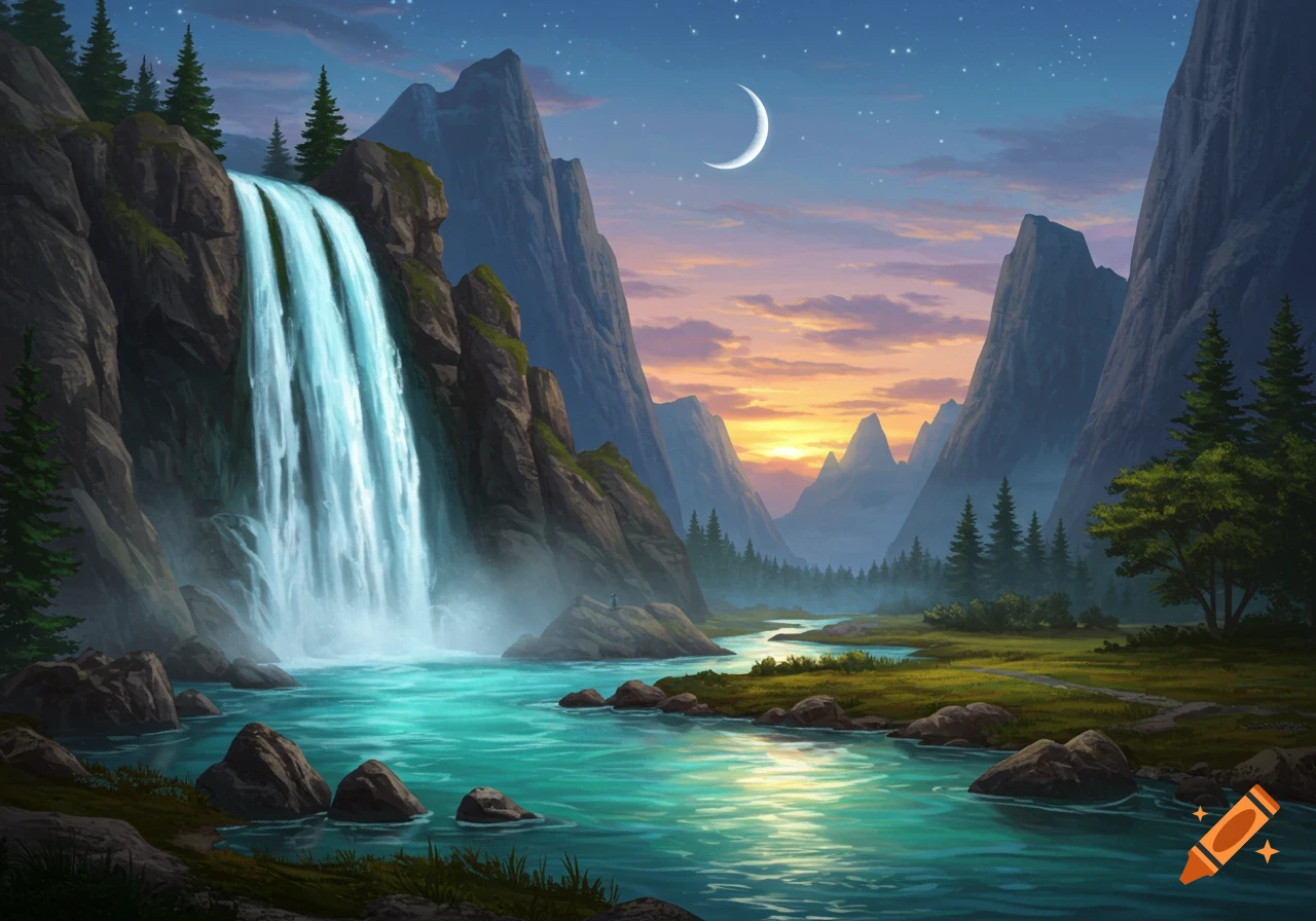 Digital painting of a majestic waterfall flowing from rocky mountains into a river, under a twilight sky with a crescent moon and sunset glow.