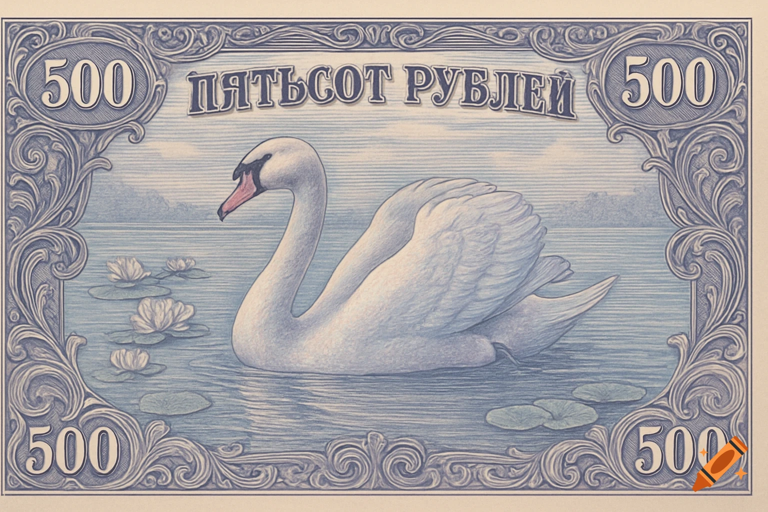An illustrated 500 ruble banknote showing a white swan on water with lily pads, within an ornate border.