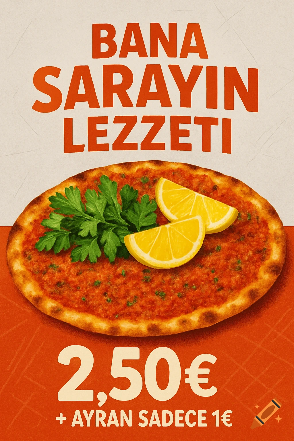 A vintage-style food poster for 'Bana Sarayın Lezzeti' lahmacun, with parsley and lemon, priced at 2.50 and ayran for 1 .
