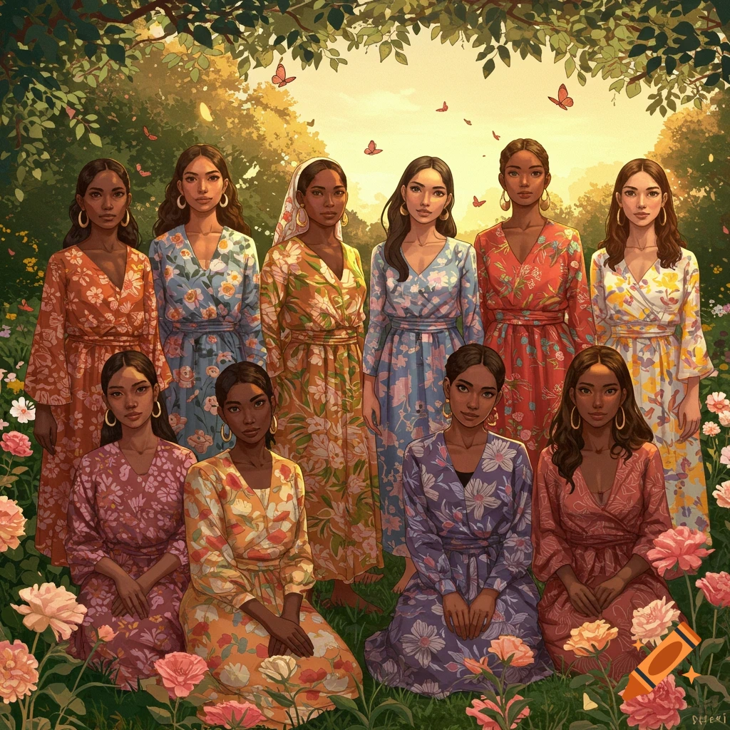 Ten women in colorful floral dresses stand and kneel in a vibrant, flower-filled garden under a leafy arch, with butterflies in a painterly style.