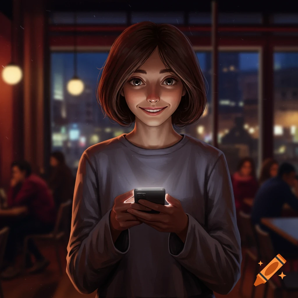 Digital art of a young woman with large eyes smiling, holding a glowing smartphone in a dimly lit cafe.