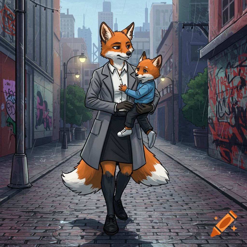 An anthropomorphic fox mother in a grey coat and skirt walks down a rainy city street carrying her fox son.