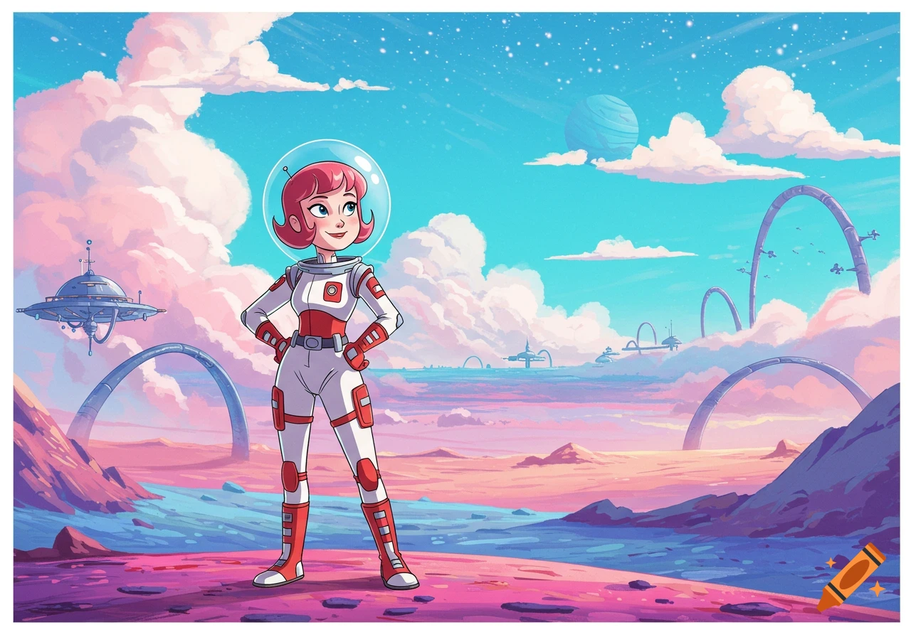 A confident red-haired cartoon astronaut in a white and red suit stands on a vibrant alien planet with futuristic structures.