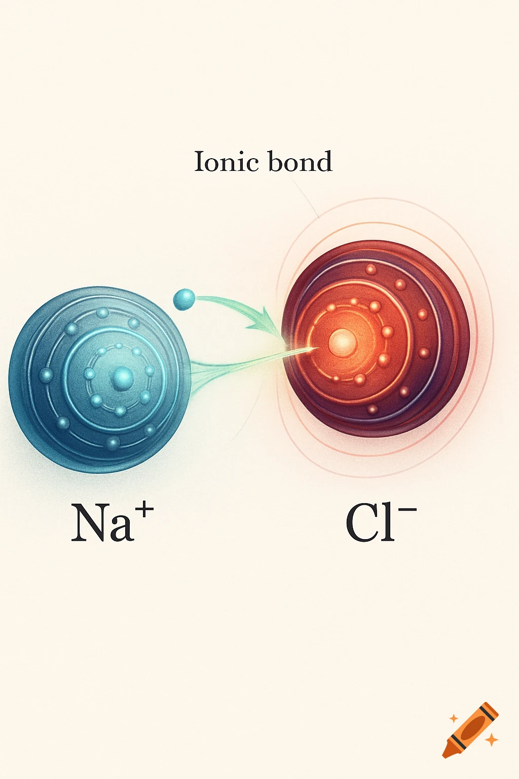 A scientific illustration of an ionic bond where a blue sodium atom (Na+) transfers an electron to a red chlorine atom (Cl-).
