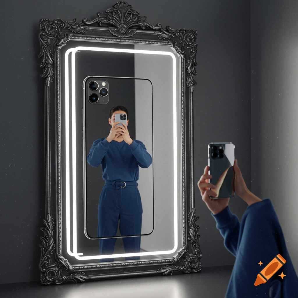 A person in blue takes a mirror selfie with a smartphone, reflecting the phone in an ornate mirror within a minimalist room.