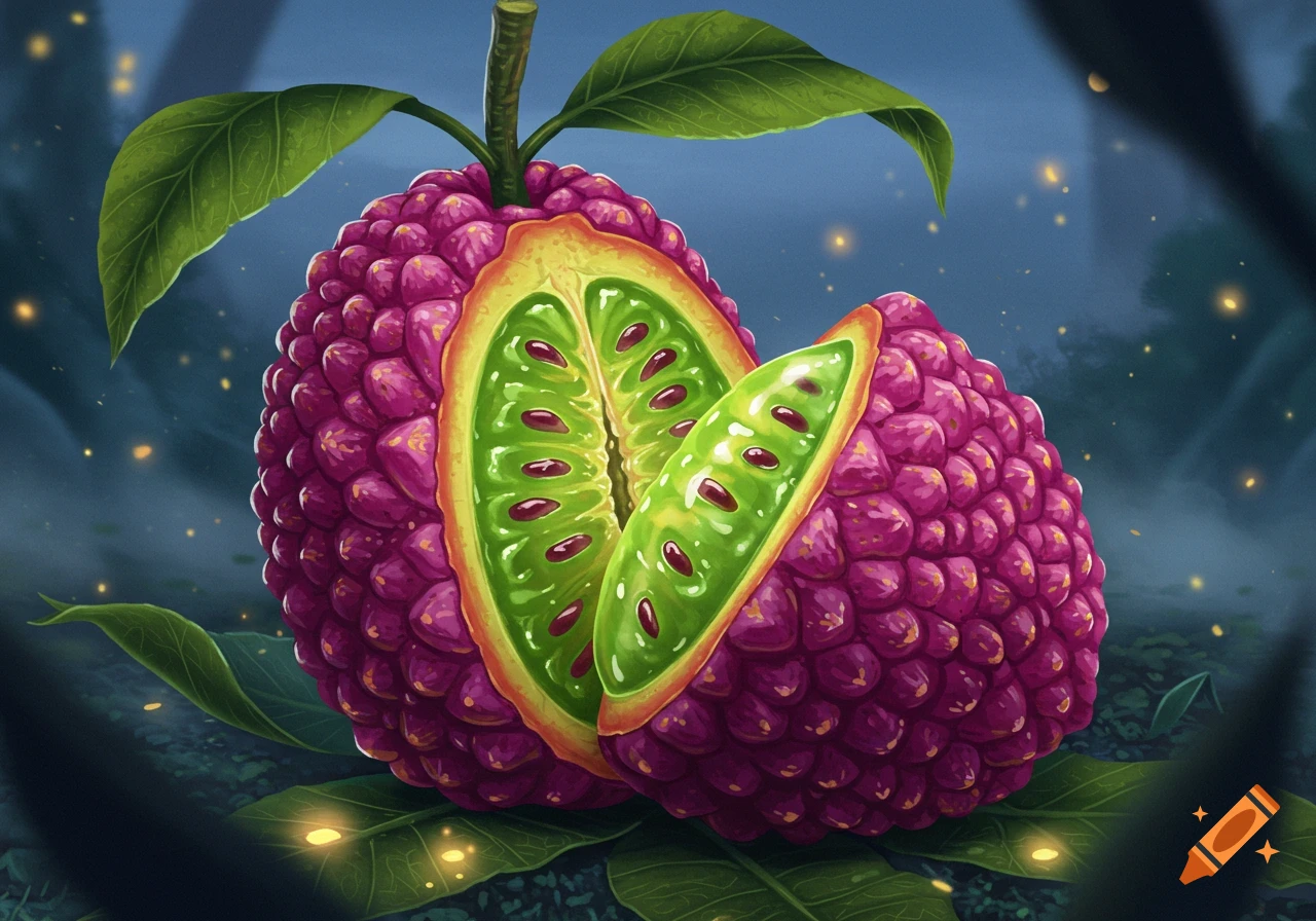 A vibrant, alien-like fruit, deep pink and purple on the outside, cut open to reveal a bright green interior with red seeds, sits in a mystical forest with glowing particles.