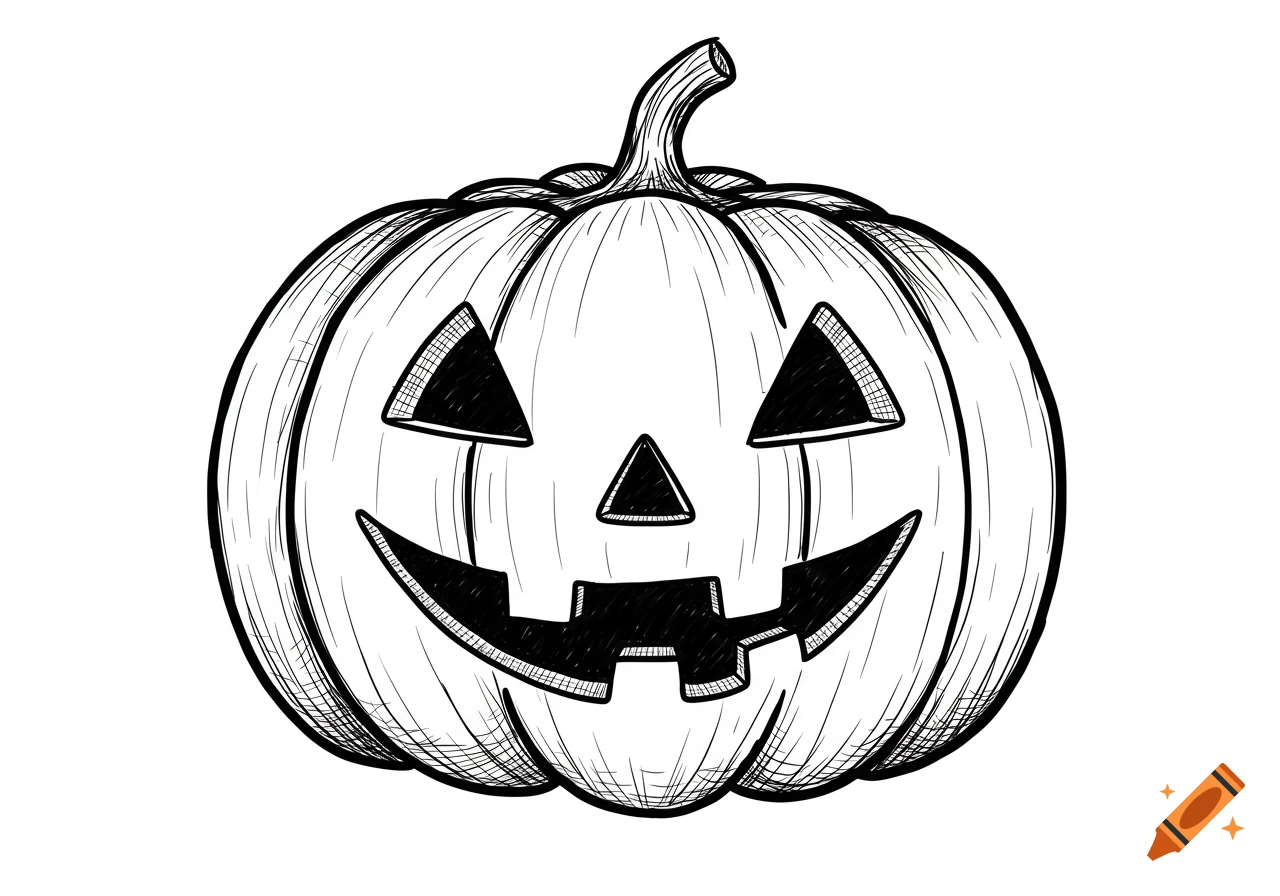 Black and white doodle of a smiling jack-o'-lantern with triangular eyes and a wide, carved mouth.