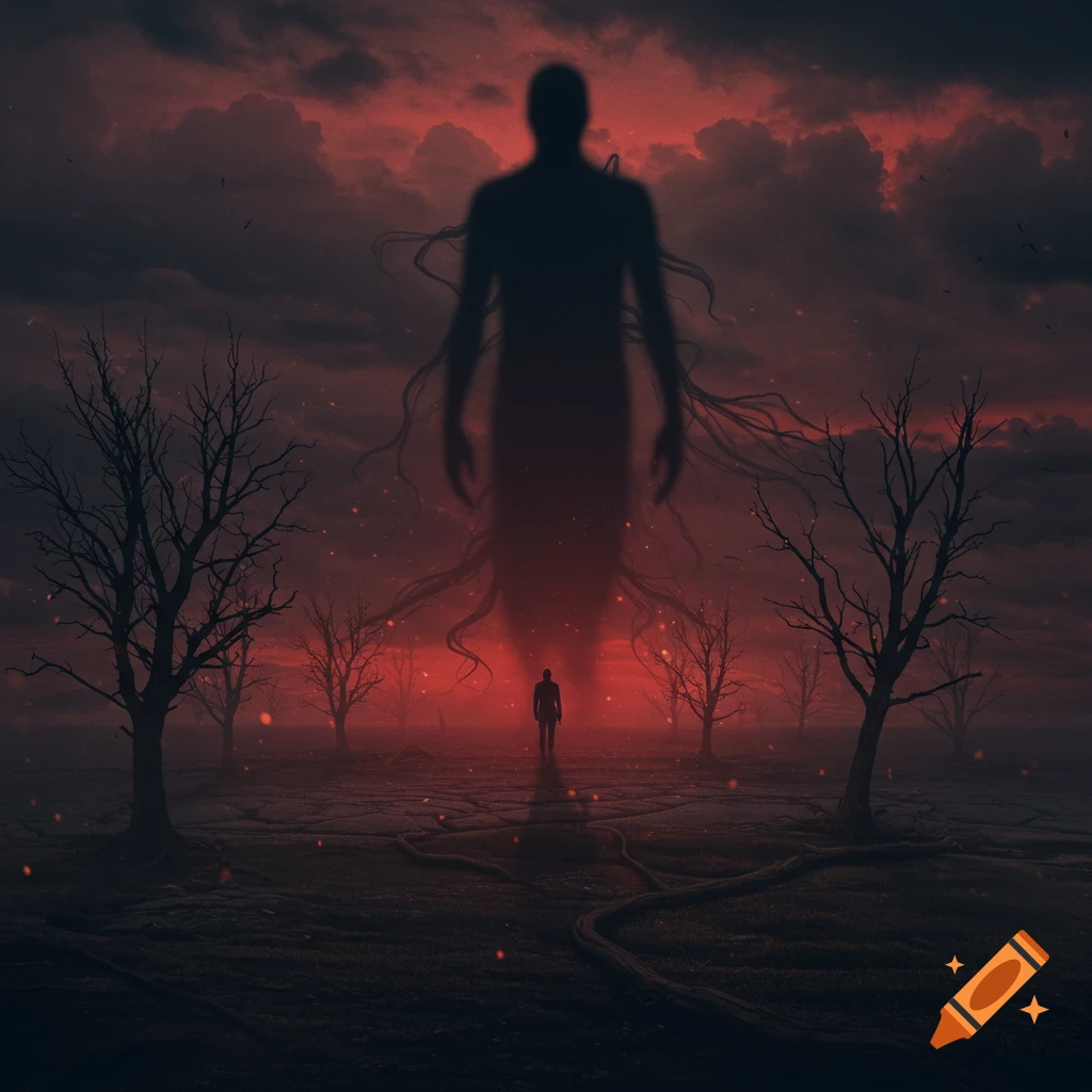 A lone figure stands in a desolate landscape under a red sky, facing a colossal, shadowy, humanoid entity looming overhead.