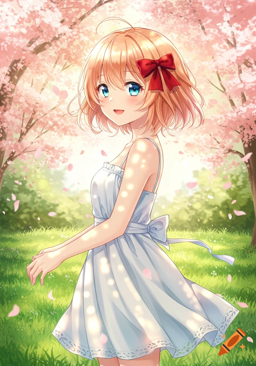 An anime girl with short peach hair, a red bow, and blue eyes wears a white sundress, smiling in a sunny park with pink cherry blossoms.