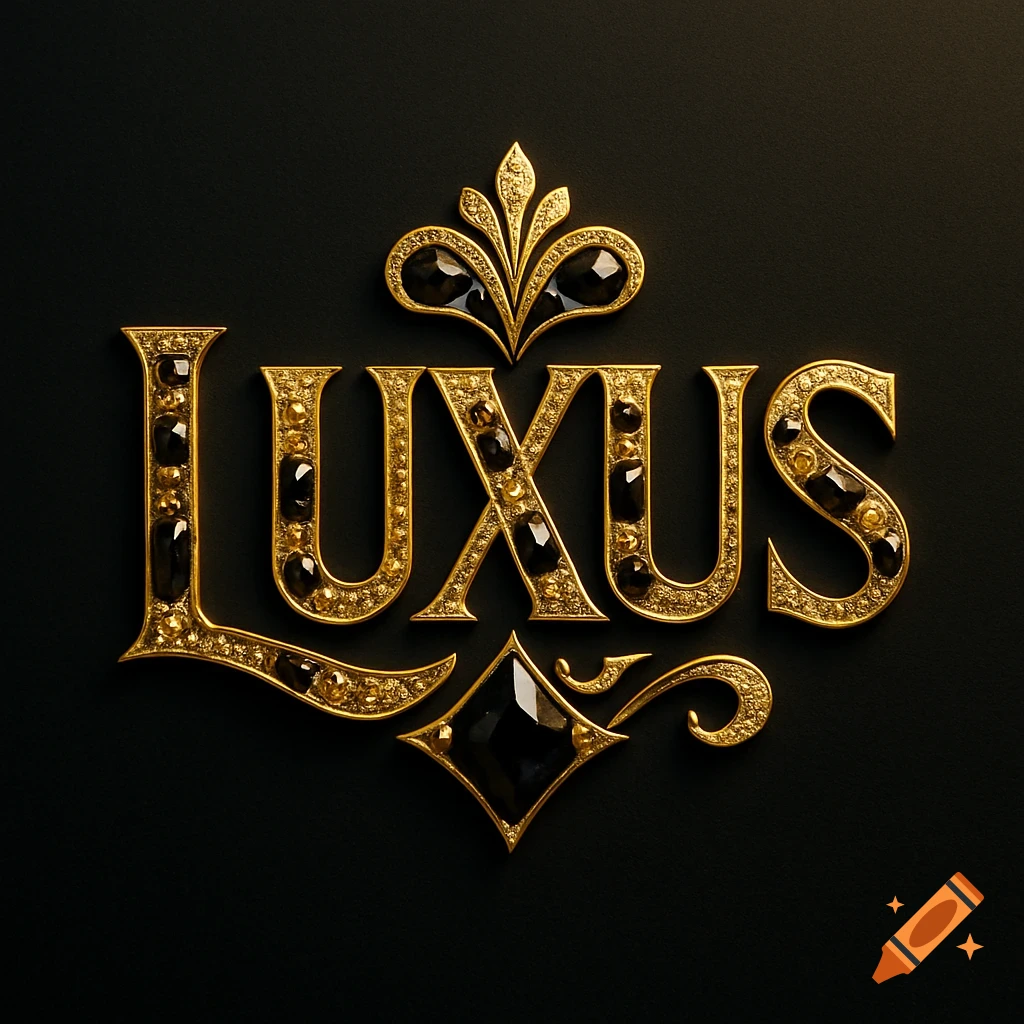 A gold and black diamond logo with the word LUXUS and decorative embellishments on a black background.