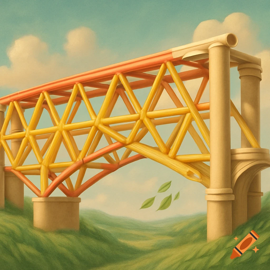 A whimsical bridge constructed from yellow macaroni and orange straws, spanning a lush green, rolling landscape under a cloudy sky.