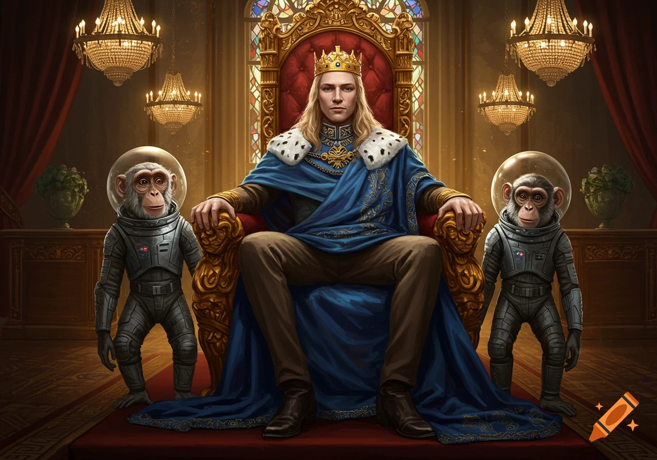 A blonde king with a crown and blue cape sits on an ornate golden throne, flanked by two chimpanzees in gray spacesuits.