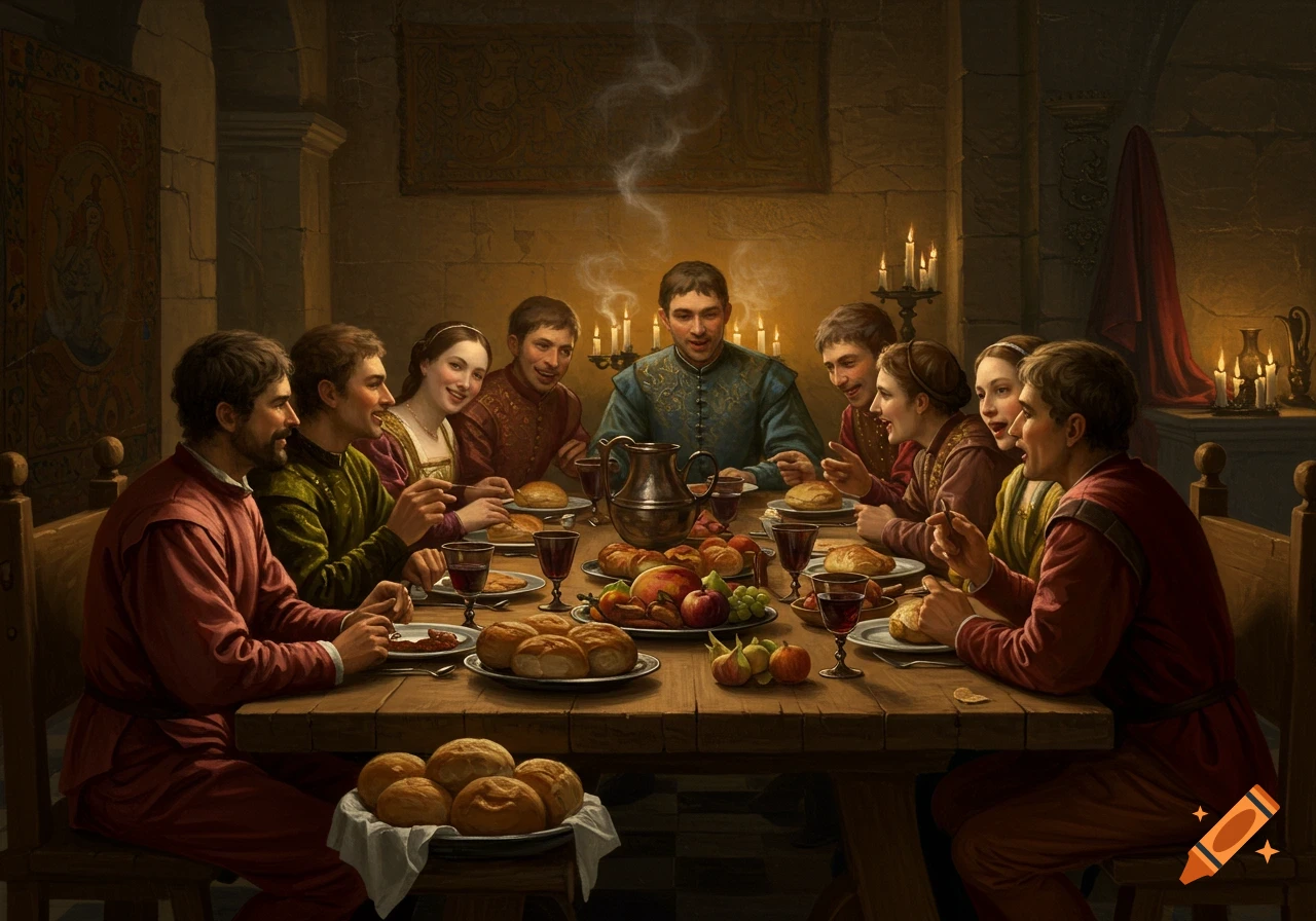 A Renaissance-style painting depicts several people gathered around a candlelit table, eating dinner and conversing.