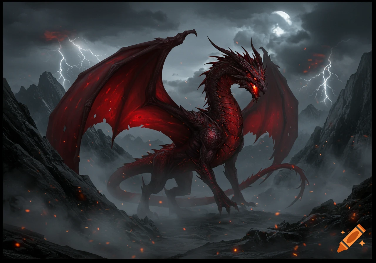 A menacing red and black dragon with glowing eyes and red wings stands amidst a misty, volcanic landscape with mountains, lightning, and a moon in a stormy sky.