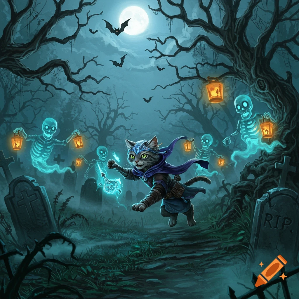A gray mage cat with glowing green eyes and a purple cape runs through a dark, foggy graveyard, pursued by glowing blue ghost skeletons under a full moon with bats flying. Illustrated style.