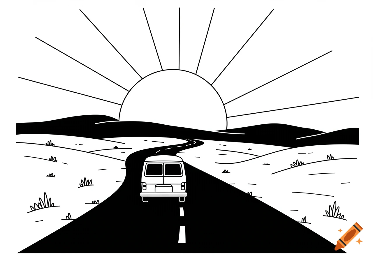 A black and white line drawing shows a van driving on a winding road towards a large rising sun over hills.