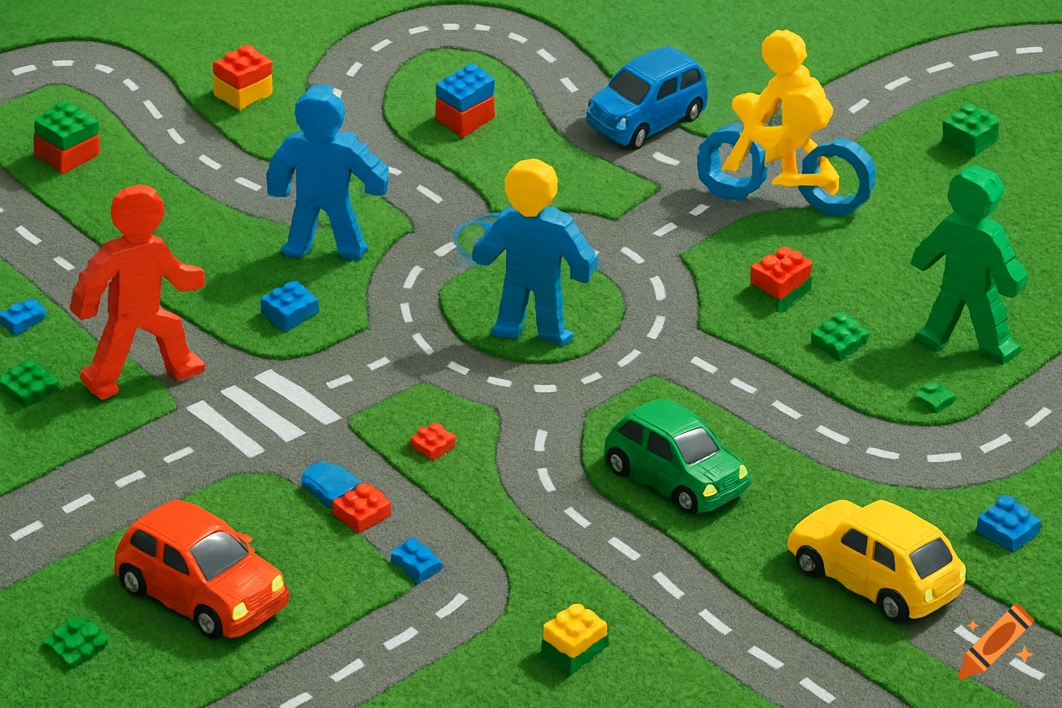 A miniature playmat scene with toy cars, colorful figures, and building blocks on a green carpet road network.